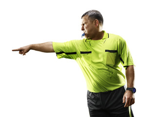 Professional soccer referee isolated on white background - obrazy, fototapety, plakaty