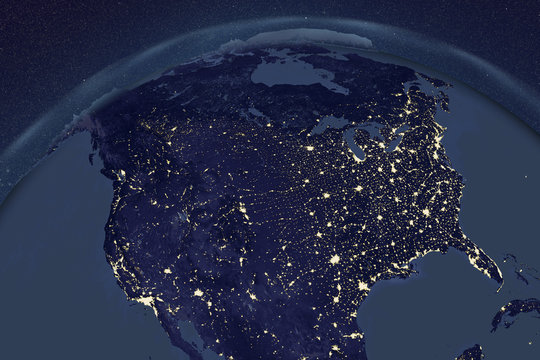 Planet Earth from space showing USA and Canada in night with enhanced bump, 3D illustration, Elements of this image furnished by NASA