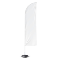 Outdoor Feather Flag With Ground Fillable Water Base Stand. Banner Shield Mock Up, Template. Illustration Isolated On White Background. Ready For Your Design. Product Advertising. Vector