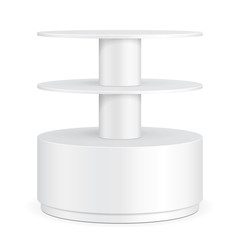 Round Cardboard Floor Display Rack For Supermarket Blank Empty Shelves. Mock Up, Template. Illustration Isolated On White Background. Ready For Your Design. Product Advertising. Vector EPS10.