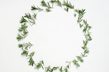 Fototapeta na wymiar green leaf rosemary on white background. flat lay, top view.abstract frame