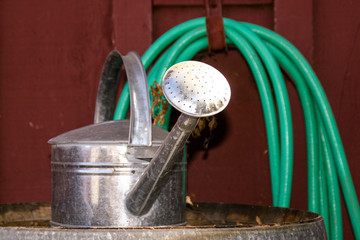 Tin Watering Can On Barrel 