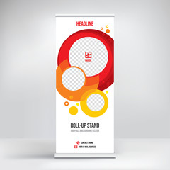 Banner roll-up vector, red graphic template for the exhibition stand, for the conference, accommodation advertising information and photos. Business concept, vector background