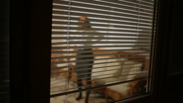 somebody spying on a girl from the street through the window blinds . crime