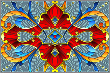 Illustration in stained glass style with abstract  swirls,flowers and leaves  on a grey background,horizontal orientation