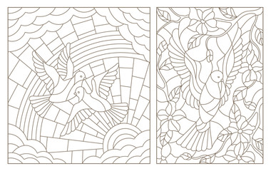 Set contour illustrations of the stained glass Windows with doves