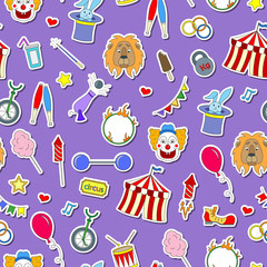 Seamless pattern on the theme of circus, simple colored icons stickers on a purple background