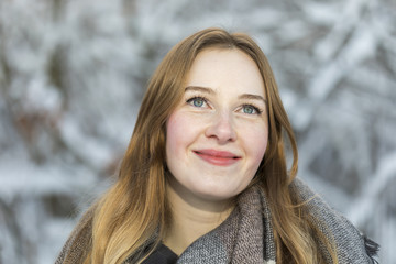 Fototapeta premium young woman snow walk beauty portrait fun smile candid