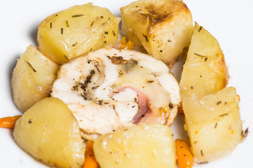 Rolled chicken fillet with prosciutto and mozzarella with potatoes