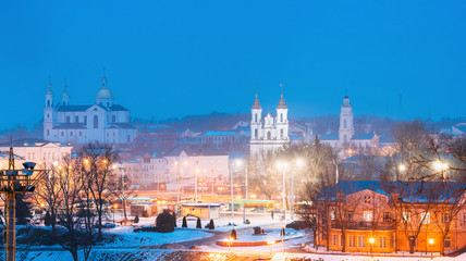 Vitebsk, Belarus. Famous Landmarks In Winter Night Cityscape.