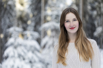 young woman snow walk beauty portrait fun smile candid