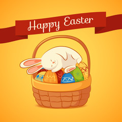 Card with sleeping the Easter Bunny on a yellow background. Basket with Easter eggs. Inscription – Happy Easter.