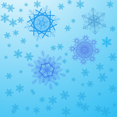 Background with cute blue vector snowflakes for postcards and posters, graphic design for textile, wrapping paper, winter background.