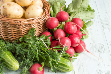 
 Fresh vegetables. Wicker basket with new potatoes, a bundle of radish, sprigs of dill and parsley on a light wooden table.