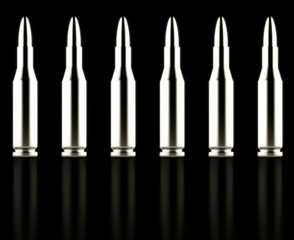 Line of Silver Rifle Rounds on Reflective Black Surface
