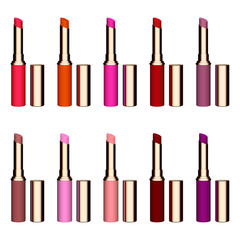 Set of color lipsticks. Red lipstick, pink lipstick, orange lipstick, wine lipstick.Red lipstick set isolated on white background, RGB vector created with gradient mesh