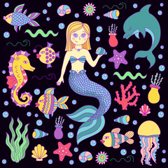 Underwater creatures water plants fish mermaid coral sea ocean doodles vector set