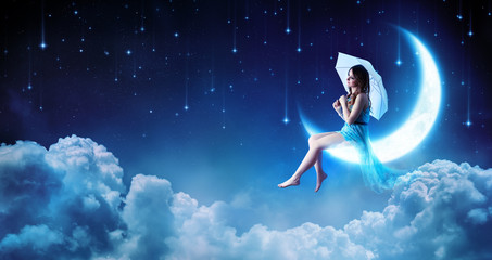 Dreaming In The Fantasy Night - Fashion Girl Sitting On Moon 