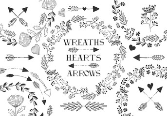 Collection of vector wreaths, laurels, arrows, hearts.