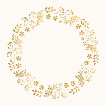 Golden cute round frame. Vector wreath with herbs and leaves.