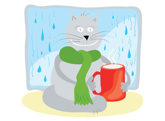 warming atmosphere of home care/ happy cat in a scarf, sitting with a red cup of milk opposite a window with raindrops