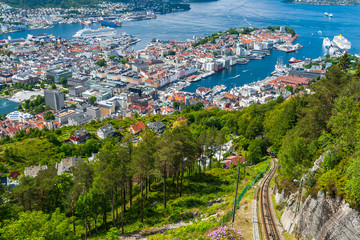 Town of Bergen seen from the mountain of Floyen. The Floibanen is a funicular railway and connects the city centre with the mountain of Floyen. Norway.