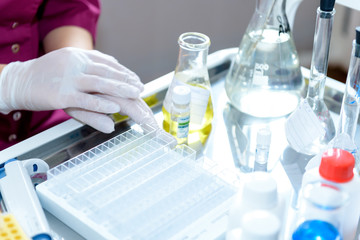 Test-tubes with colorful chemical reagent. Laboratory glassware. Chemical Laboratory