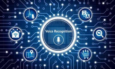 Voice recognition , speech talk , and internet of things (iots) concept. Electric circuit graphic and infographic of navigation ,ecommerce , sound search ,smart home control , translate language icons