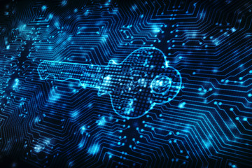 Safety concept: pixelated Key icon on digital background, 3d render