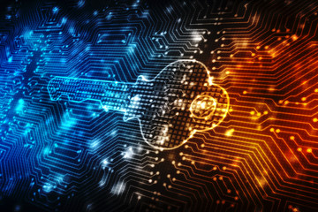 Safety concept: pixelated Key icon on digital background, 3d render