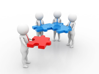 3d small people - team with the puzzles in hands, main part, Isolated white background. 3D rendering