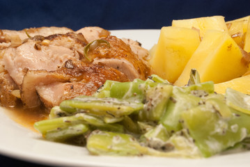 Putenoberkeule mit Bohnen und Salzkartoffeln