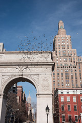Pigeons flying above the Arch in Washington Square Park with Empire State Building in the background – New York City - 139610155
