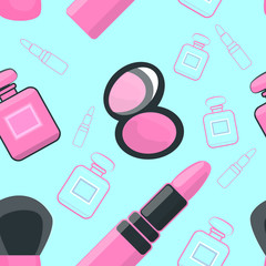 Cosmetics pattern with make up artist objects lipstick, perfumes, brush, powder. Hand drawn Vector beauty seamless background.