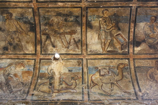 Historical fresco in the desert castle Qusair Amra in Jordan, Middle East