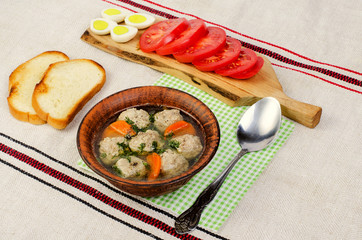 Easy diet soup with white round meat meatballs.