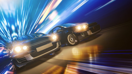 Schnelle Autos bei Nacht in einer Stadt, Kopf-an-Kopf-Rennen