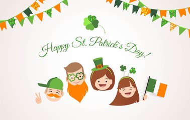 Obraz premium Saint Patrick`s day banner. Happy family with different holiday symbols celebrating St. Patrick's Day, smiling. Holiday and celebration concept. Vector illustration 