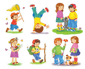 Set of cute happy kids playing outdoors. Illustration for children. Funny cartoon characters