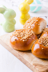 Homemade brioche buns on Easter table
