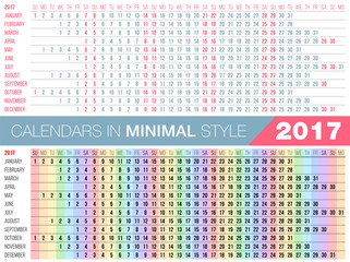 Simple 2017 calendar. Horizontal orientation, linear minimal style. Set of 12 Months, Week Starts Sunday. Vector Illustration