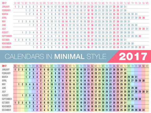 Simple 2017 calendar. Horizontal orientation, linear minimal style. Set of 12 Months, Week Starts Sunday. Vector Illustration