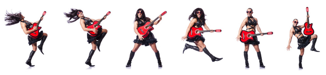 Man in woman clothing with guitar