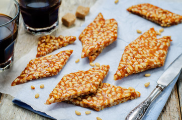 Caramel pine nuts sweets. Italian cuisine