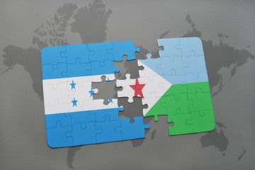 puzzle with the national flag of honduras and djibouti on a world map