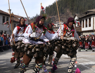 Shiroka Laka, Bulgaria - March 5, 2017: Traditional Kukeri costume at the Festival of the Masquerade Games Pesponedelnik in Shiroka laka, Bulgaria
