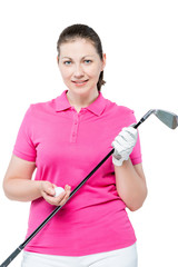 Vertical portrait of a golfer with equipment on a white background