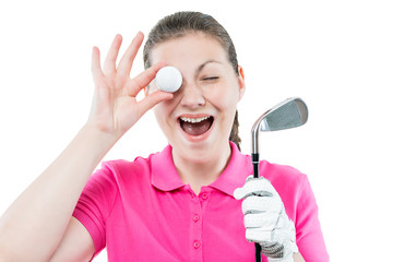 woman golfer funny portrait on a white background in the studio