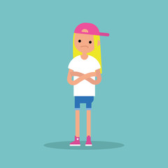 Young sceptical blonde girl crossing arms and tilting head / flat editable vector illustration