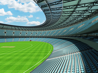 3D render of a round cricket stadium with sky blue  seats and VIP boxes